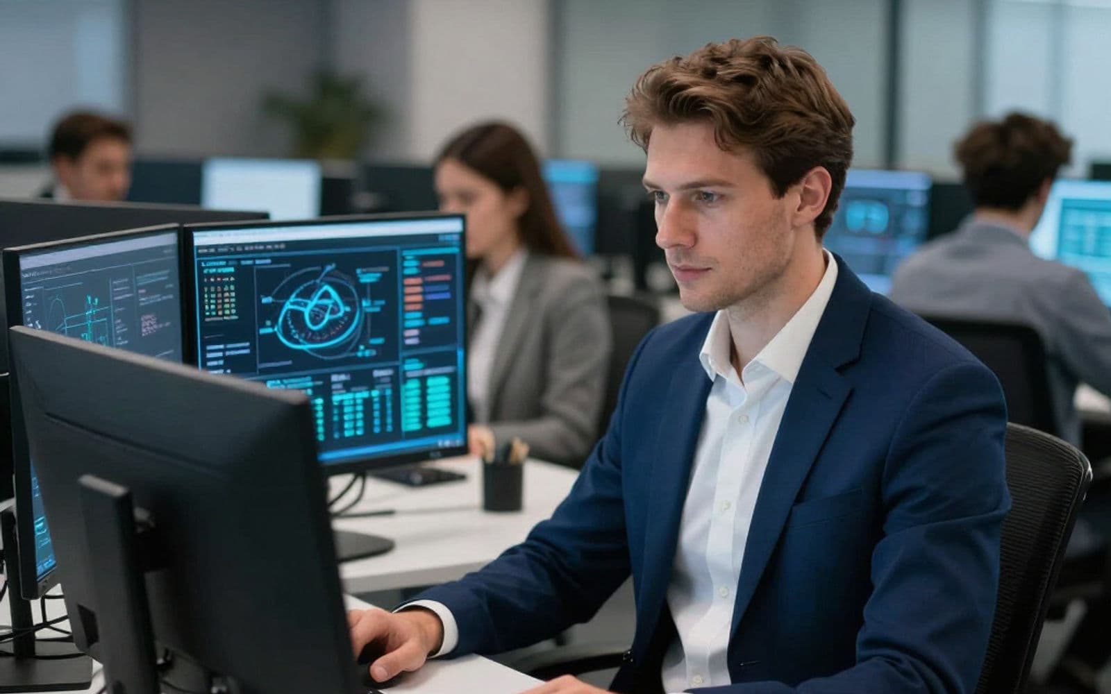 A SteadyPoint technician working at a monitor in an open office.